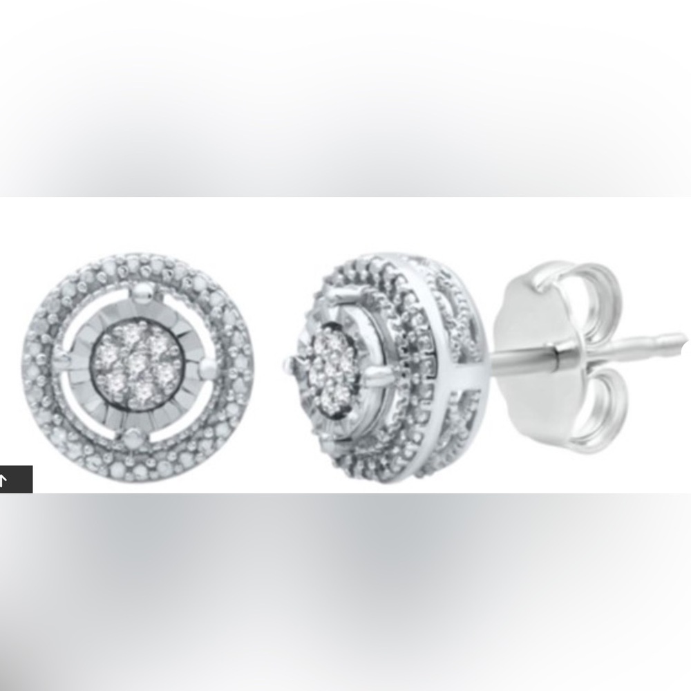 .925 Sterling Silver Genuine White Diamond Stud Earrings New Without Tags